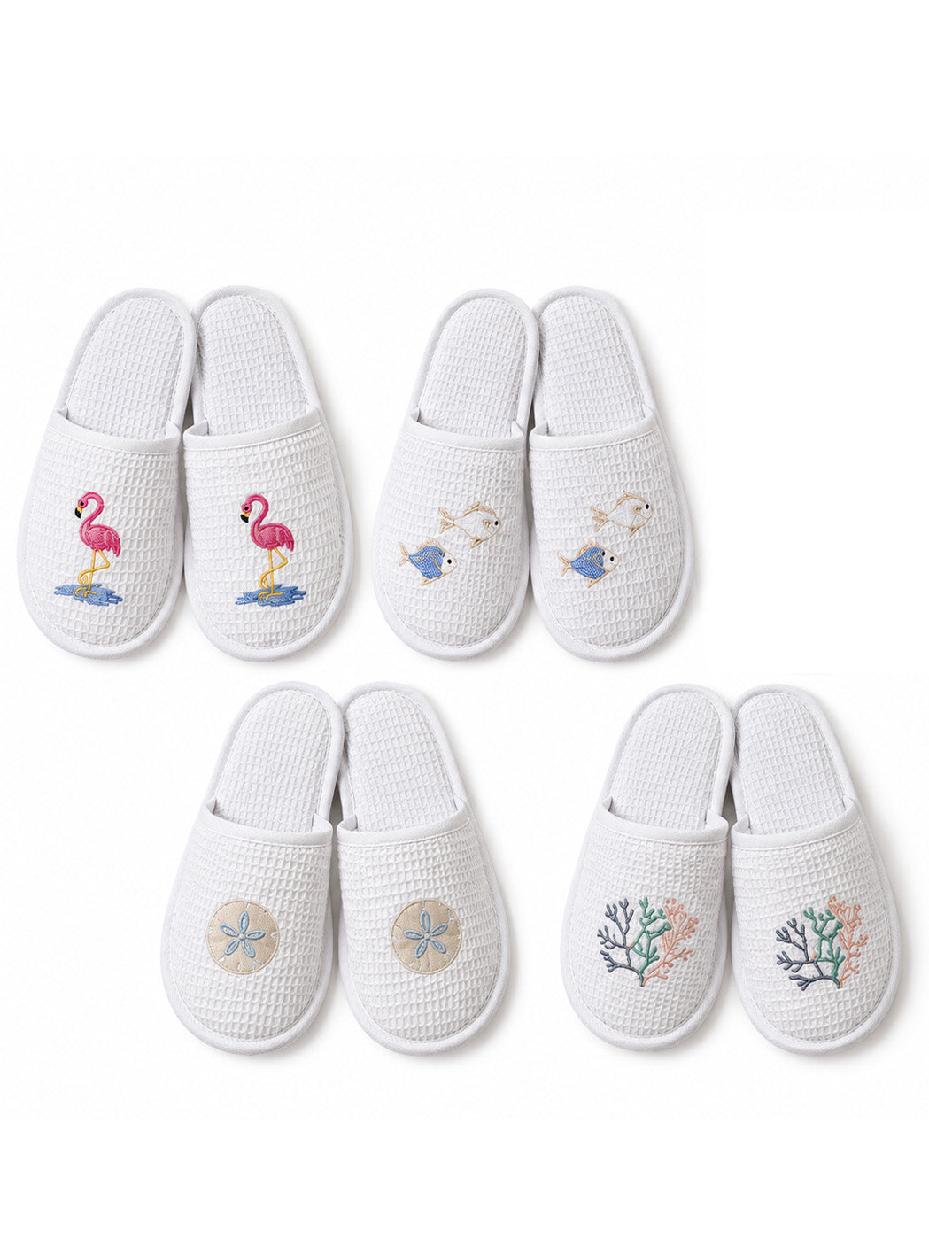 Slippers, Waffle Weave, Embroidered Sealife