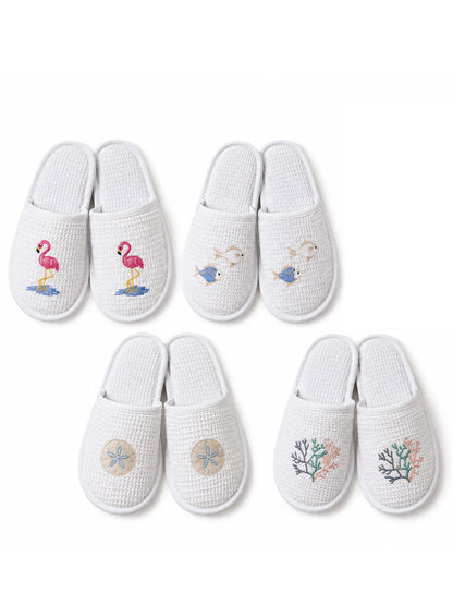 Slippers, Waffle Weave, Embroidered Sealife