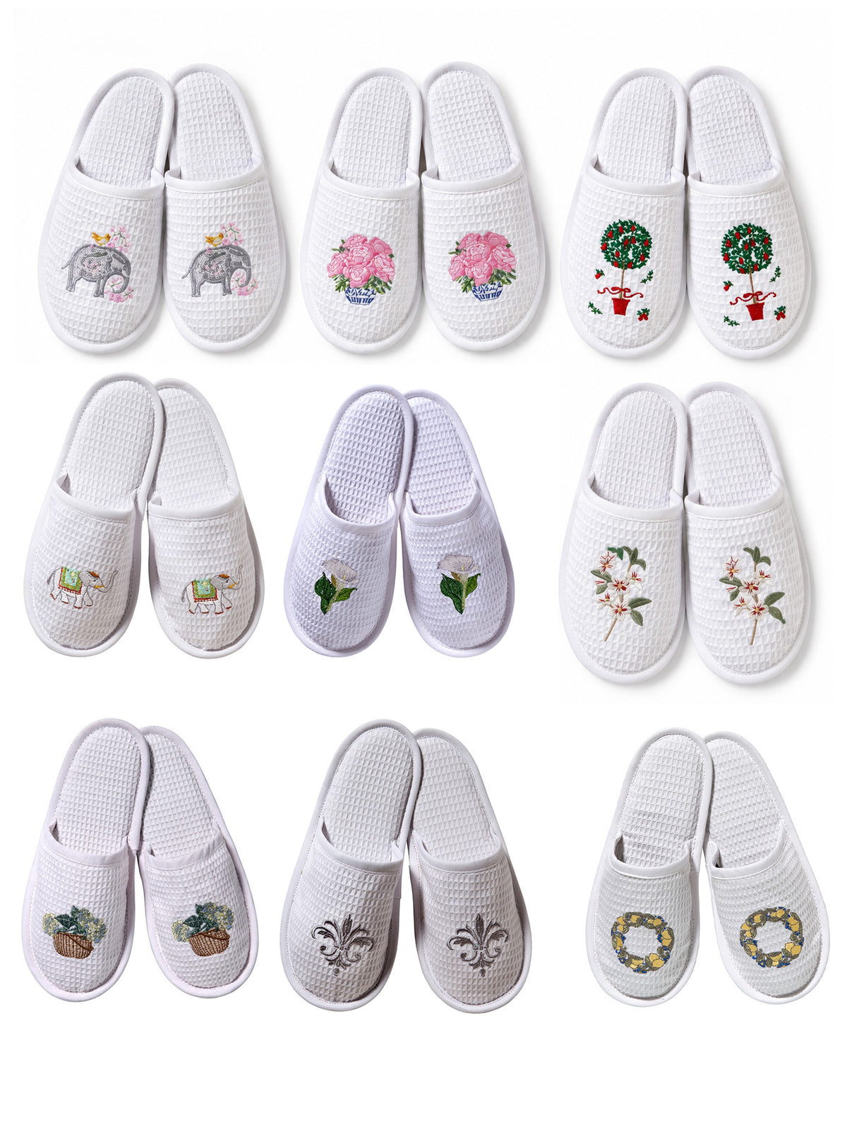 Slippers, Waffle Weave, Embroidered