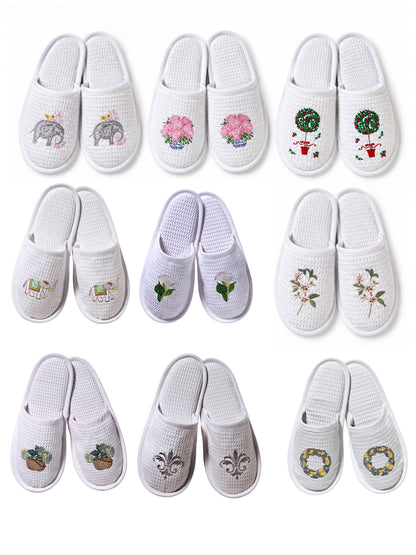 Slippers, Waffle Weave, Embroidered