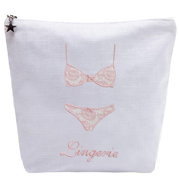 Lingerie Bag - White Linen / Cotton, Embroidered