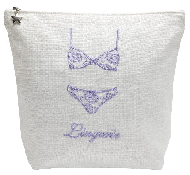 Lingerie Bag - White Linen / Cotton, Embroidered