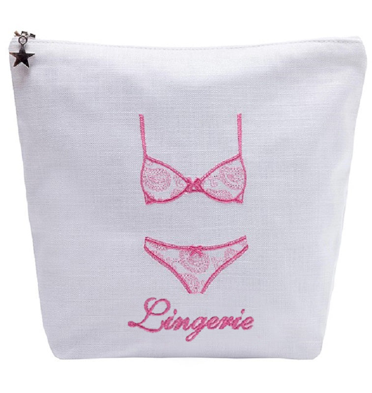 Lingerie Bag - White Linen / Cotton, Embroidered