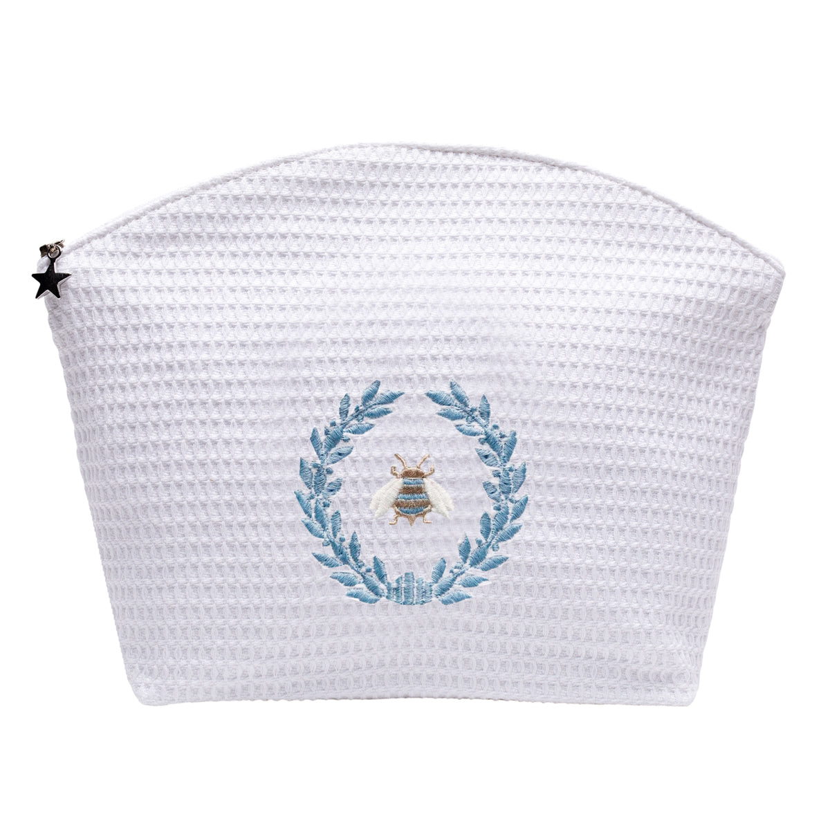 White woven pouch with embroidered design on a white background