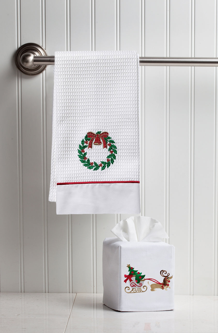 Guest Towel, Waffle Weave and Satin Trim, Christmas Tree