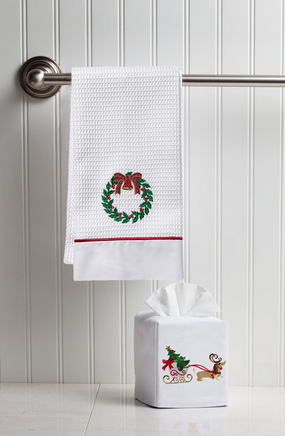 Guest Towel, Waffle Weave and Satin Trim, Christmas Tree