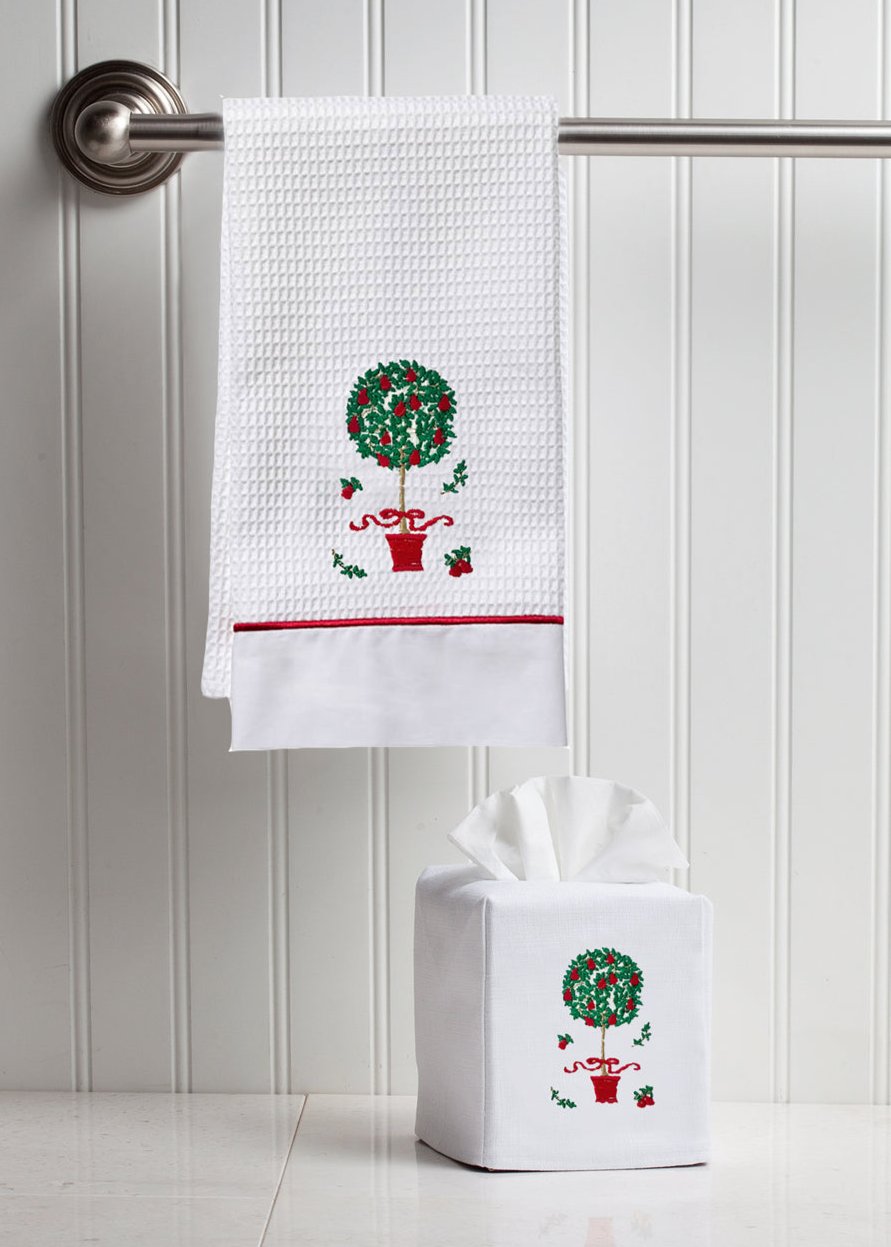Guest Towel, Waffle Weave and Satin Trim, Pear Topiary Tree