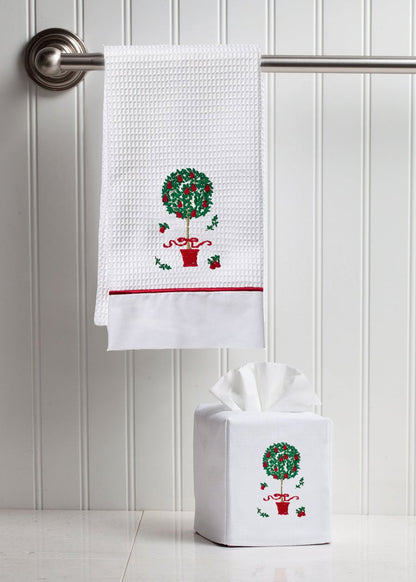 Guest Towel, Waffle Weave and Satin Trim, Pear Topiary Tree