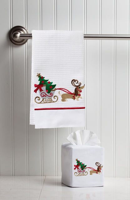 Guest Towel, Waffle Weave and Satin Trim, Christmas Tree