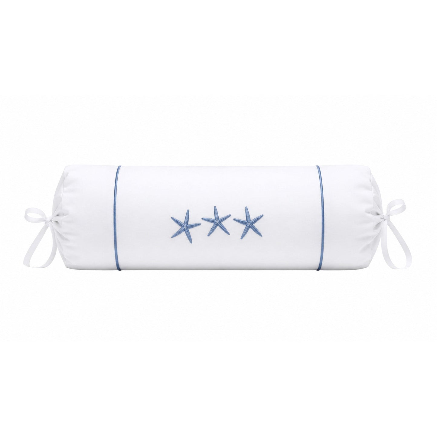 White cylindrical pillow with blue piping and embroidered stars on a white background