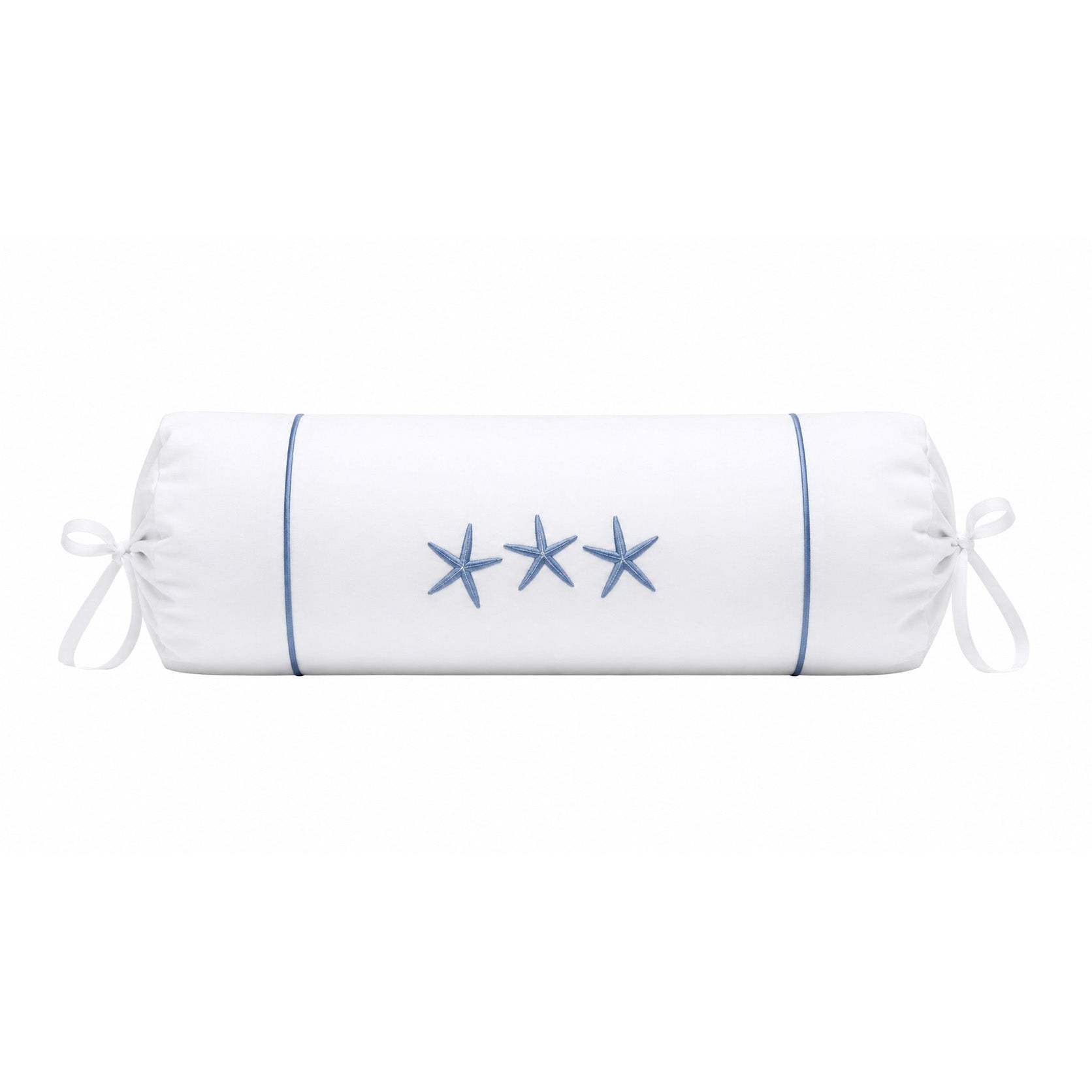 White cylindrical pillow with blue piping and embroidered stars on a white background