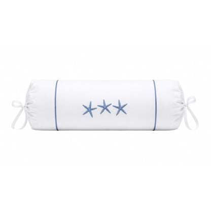 White cylindrical pillow with blue piping and embroidered stars on a white background
