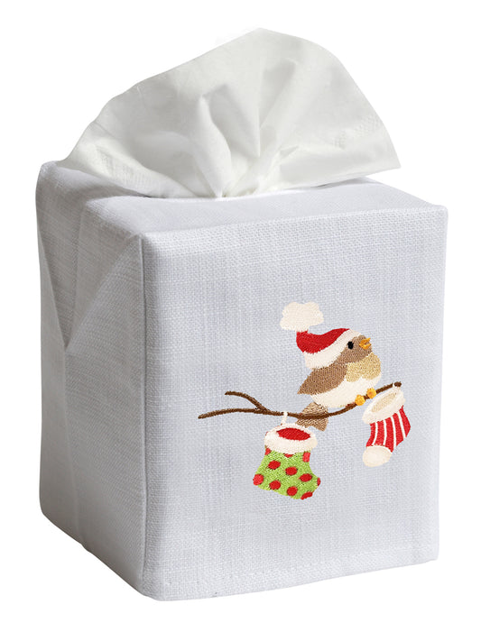 Tissue Box Cover, Christmas Bird on a Branch with Stockings