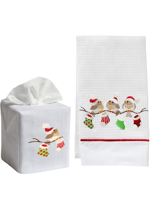 Tissue Box Cover & Guest Towel Set, Christmas Birds on Branch
