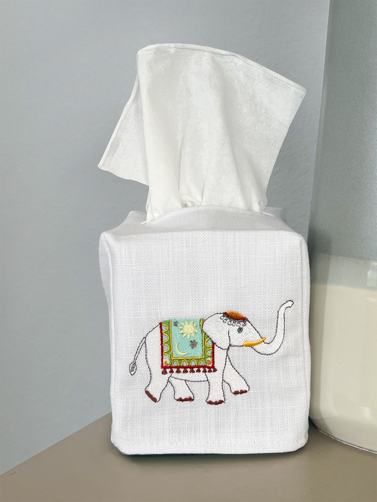 Tissue Box Cover, Embroidered Chinoiserie