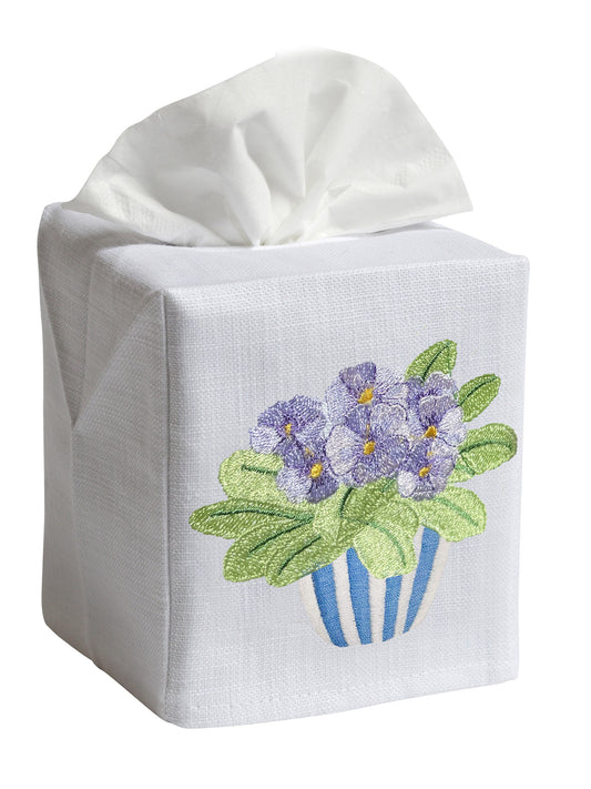 Tissue Box Cover - White Linen / Cotton, Embroidered