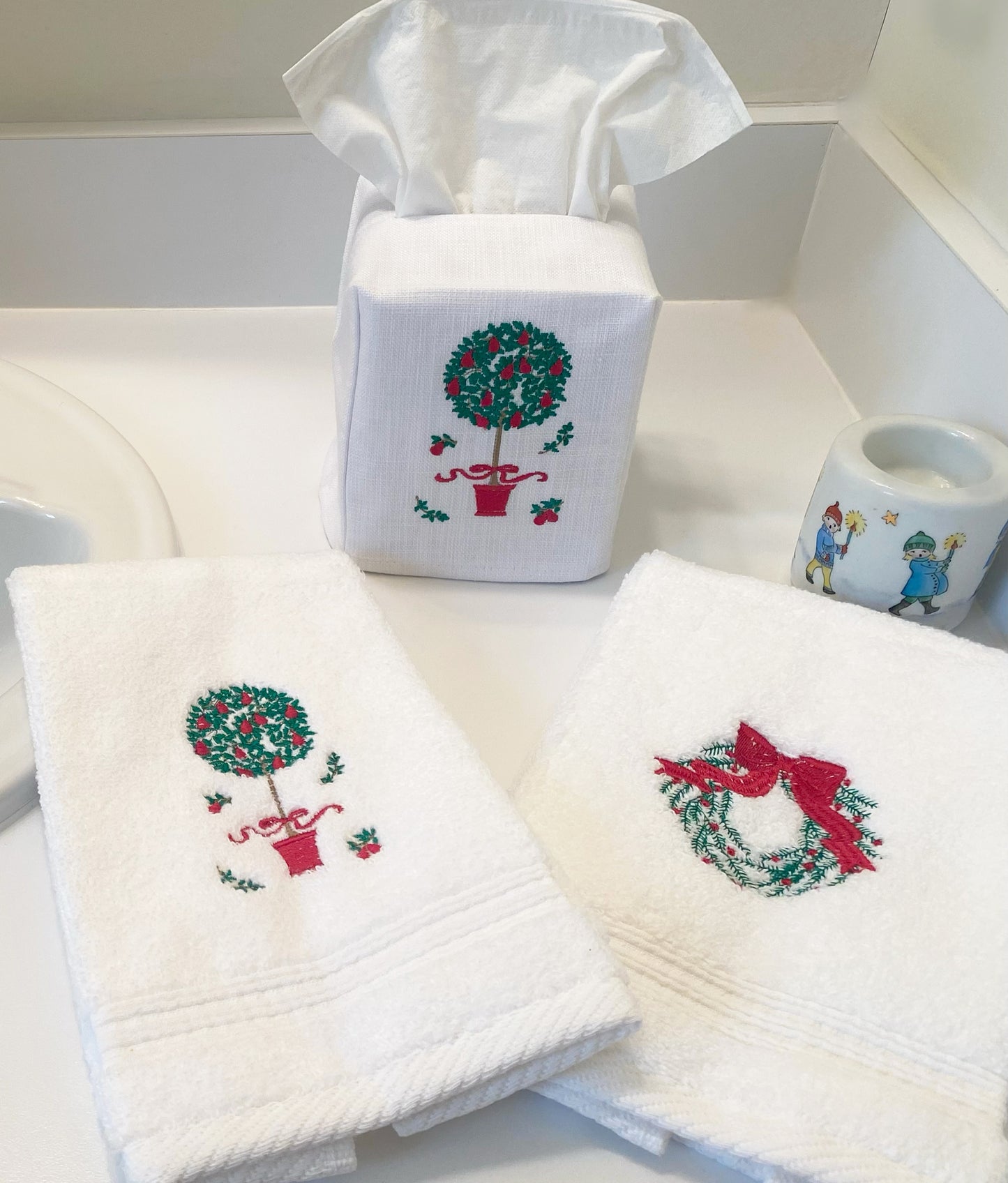 Tissue Box Cover, Embroidered Topiary