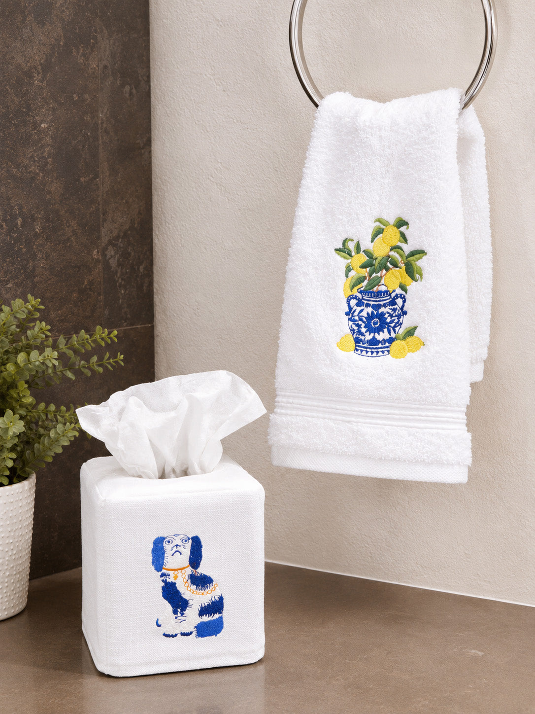 Tissue Box Cover, Embroidered Chinoiserie