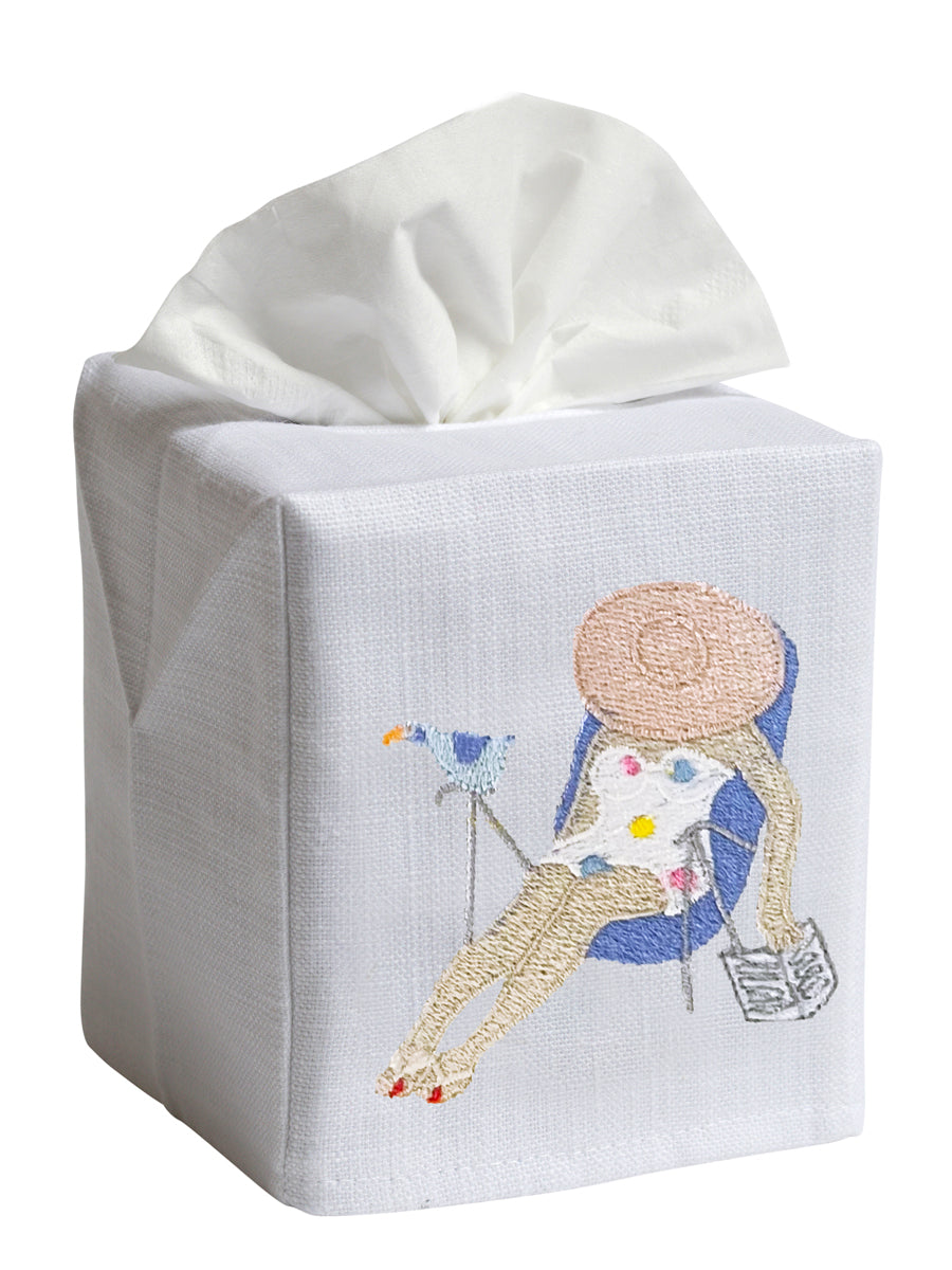 Tissue Box Cover, Embroidered Coastal