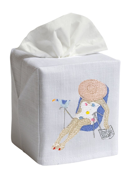 Tissue Box Cover, Embroidered Coastal