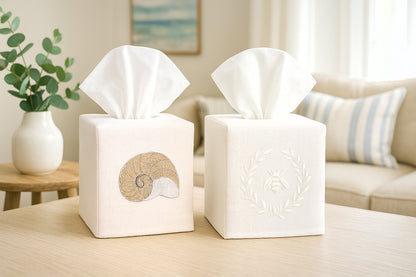Tissue Box Cover, Linen Cotton - Striped Nautilus (Beige
