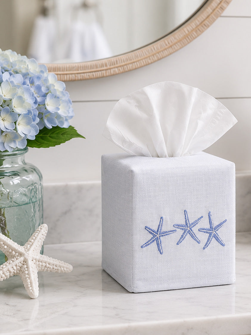 Tissue Box Cover, Embroidered Coastal