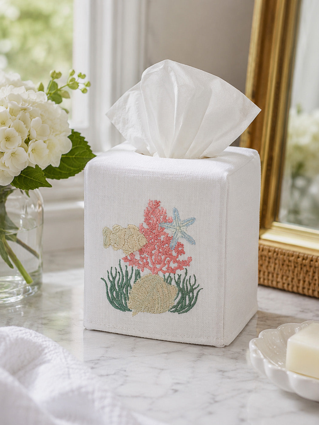 Tissue Box Cover, Embroidered Shell Collection
