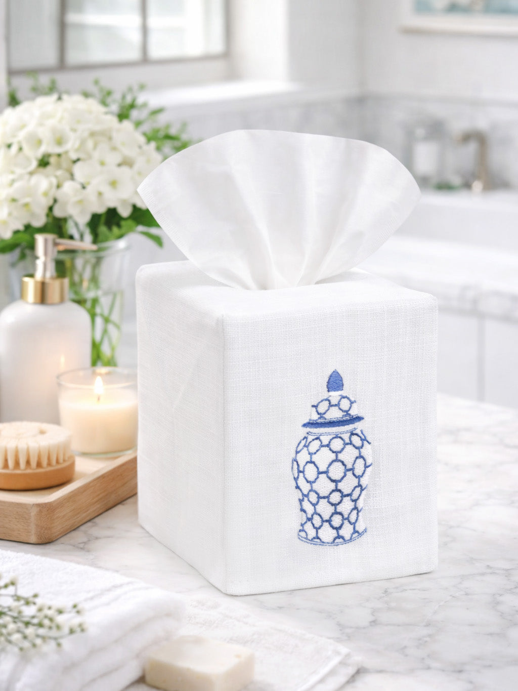 Tissue Box Cover, Embroidered Chinoiserie