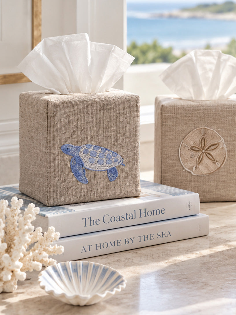 Tissue Box Cover, Natural Linen, Sea life