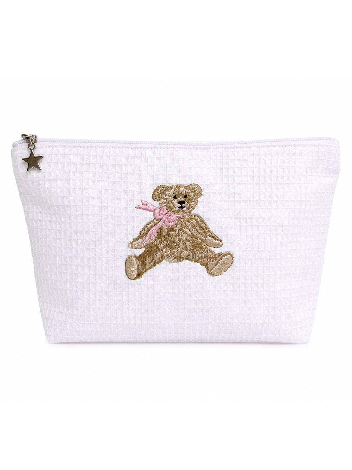 A white textured zippered pouch featuring an embroidered brown teddy bear with a pink bow on the front, complete with a small metallic star charm on the zipper pull.