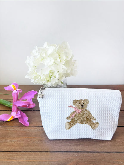Cosmetic Bag (Small), Waffle Weave, Bow Teddy (Pink)