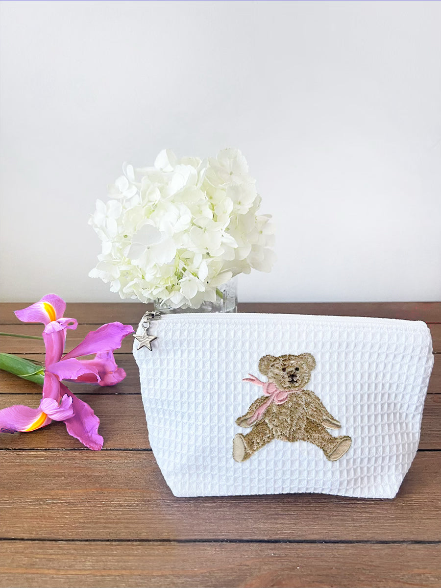 Cosmetic Bag (Medium), Waffle Weave, Bow Teddy (Pink)