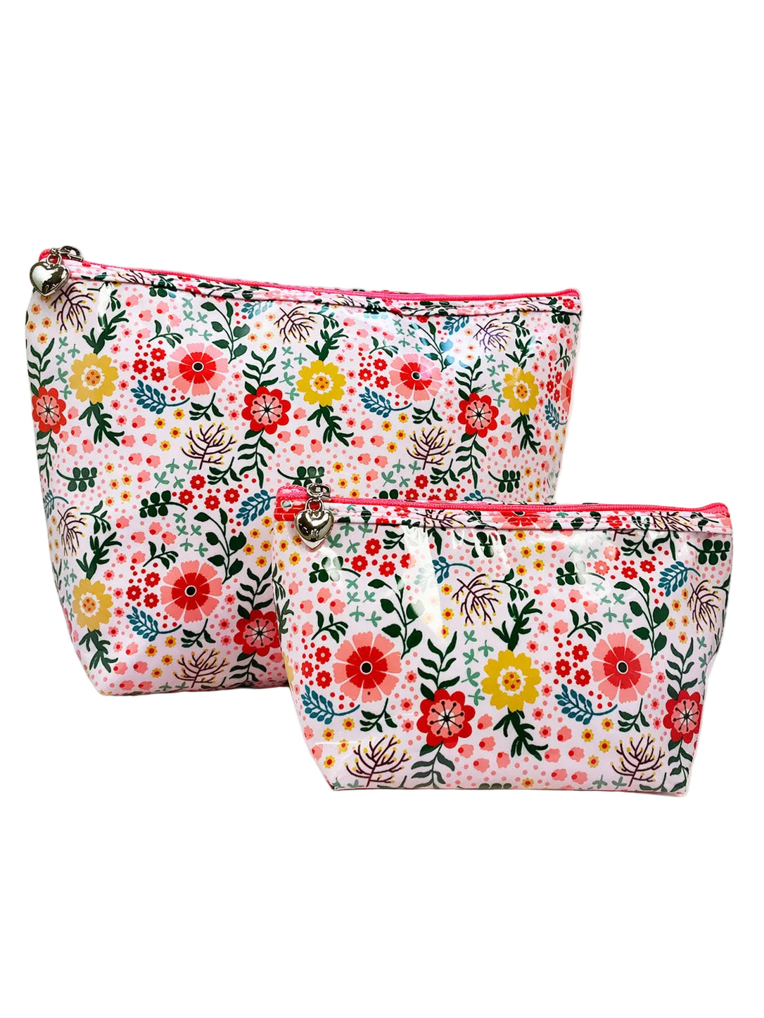 Two floral-patterned pouches on a light beige background