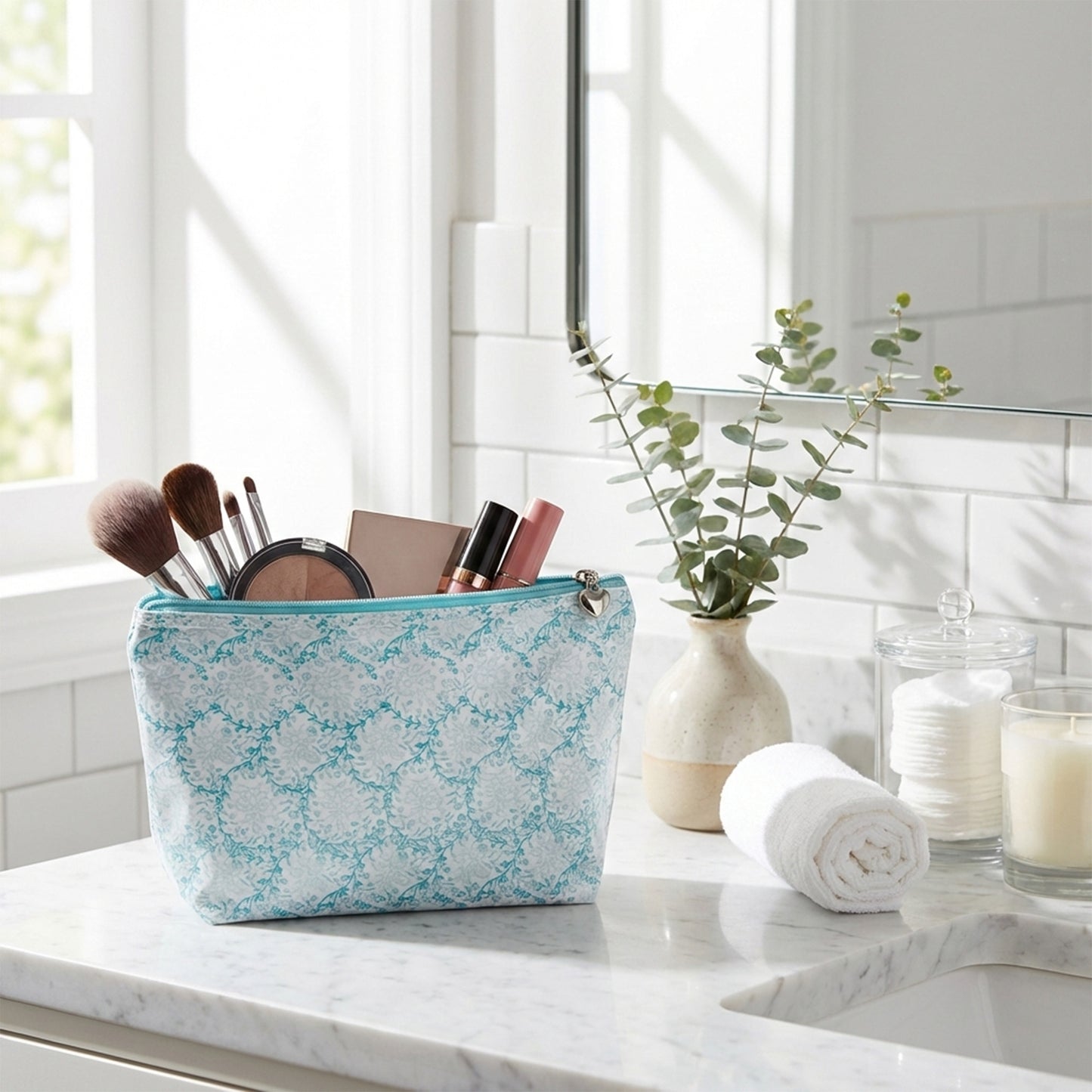 Cosmetic Bag (Medium), Trellis (Aqua)