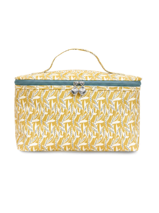 Yellow patterned cosmetic bag with a silver clasp on a white background