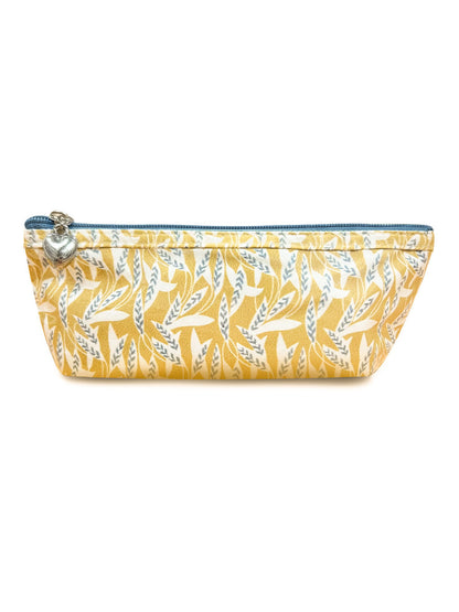 Yellow pouch with leaf pattern on a white background