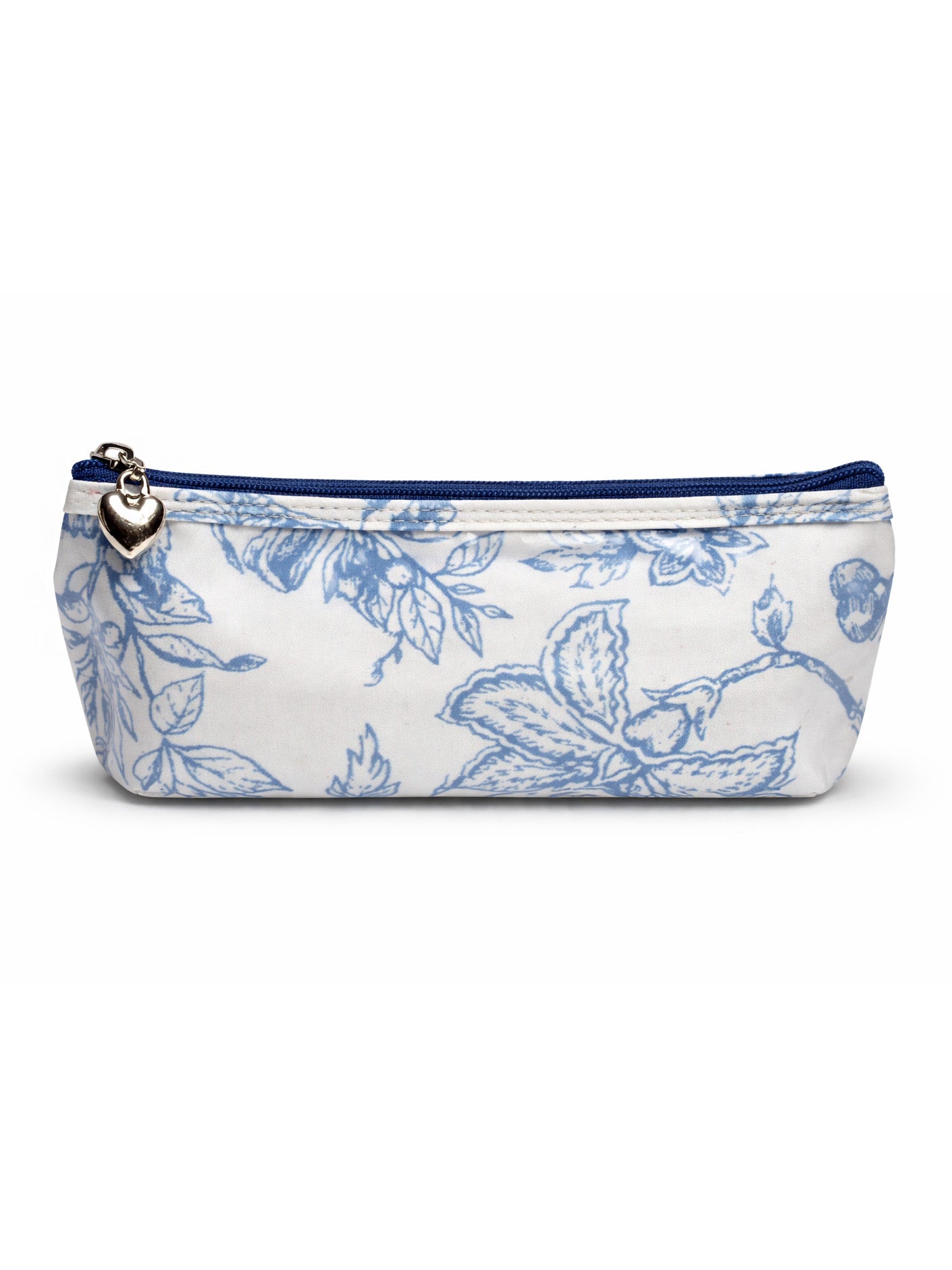 Floral-patterned pouch with a heart-shaped zipper pull on a white background
