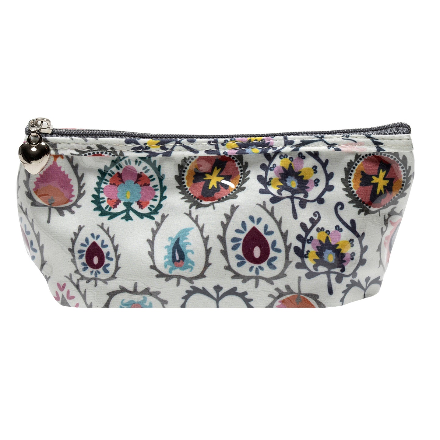 Patterned pouch with a zipper on a white background