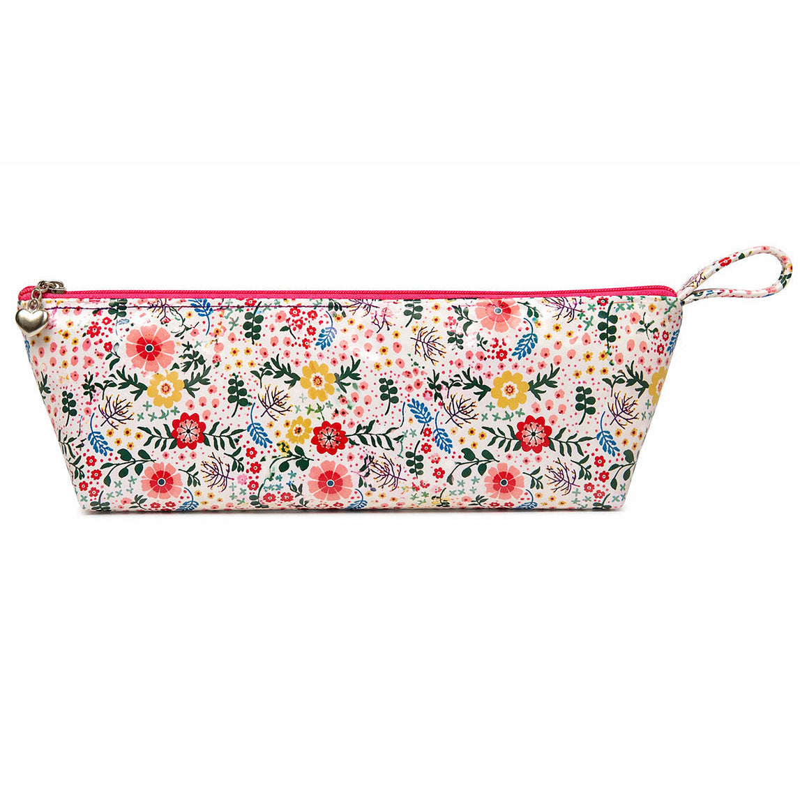 Floral-patterned pouch with a zipper on a white background