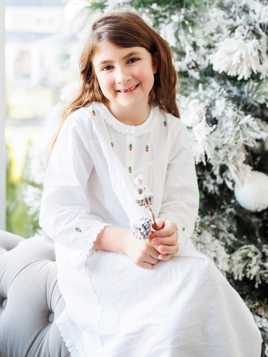 Christmas (Girls) White Cotton Dress, Embroidered