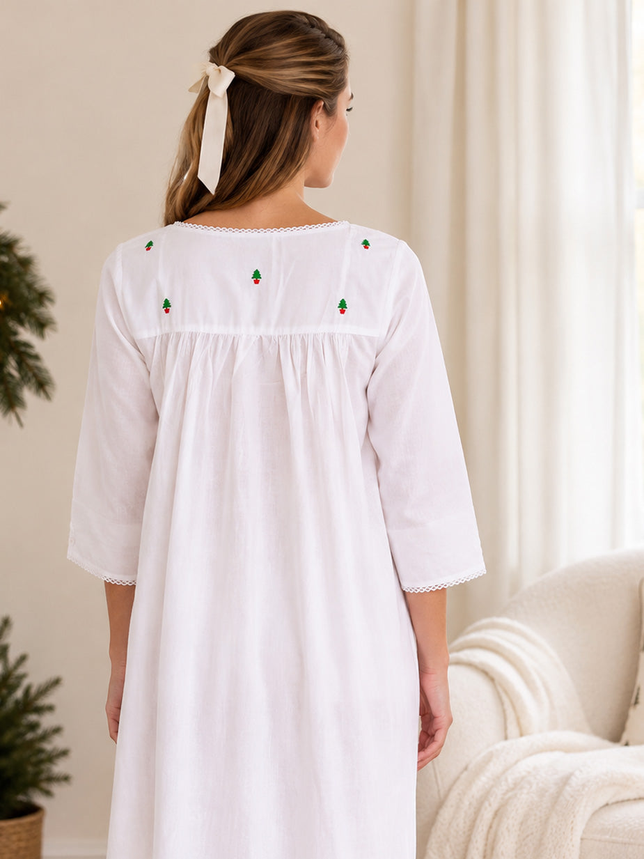 Christmas White Cotton Nightgown, Embroidered