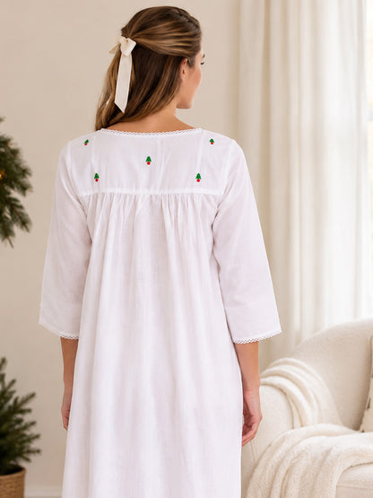 Christmas White Cotton Nightgown, Embroidered