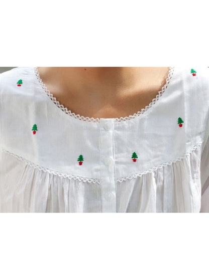 Christmas White Cotton Nightgown, Embroidered
