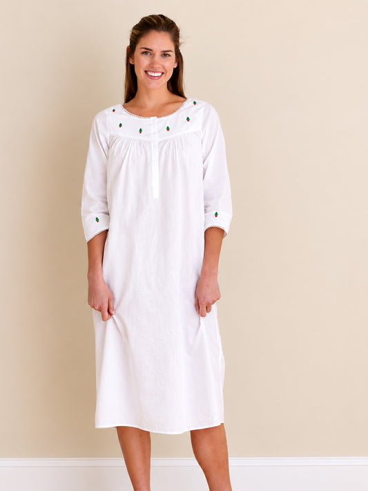 Christmas White Cotton Nightgown, Embroidered