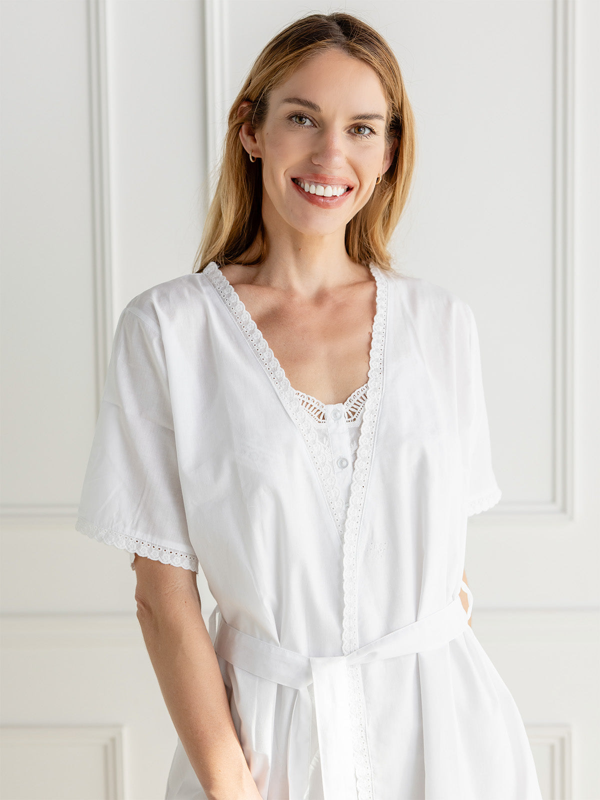 Bathrobe - White Cotton, Short Sleeve