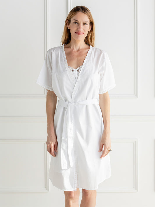 Bathrobe - White Cotton, Short Sleeve