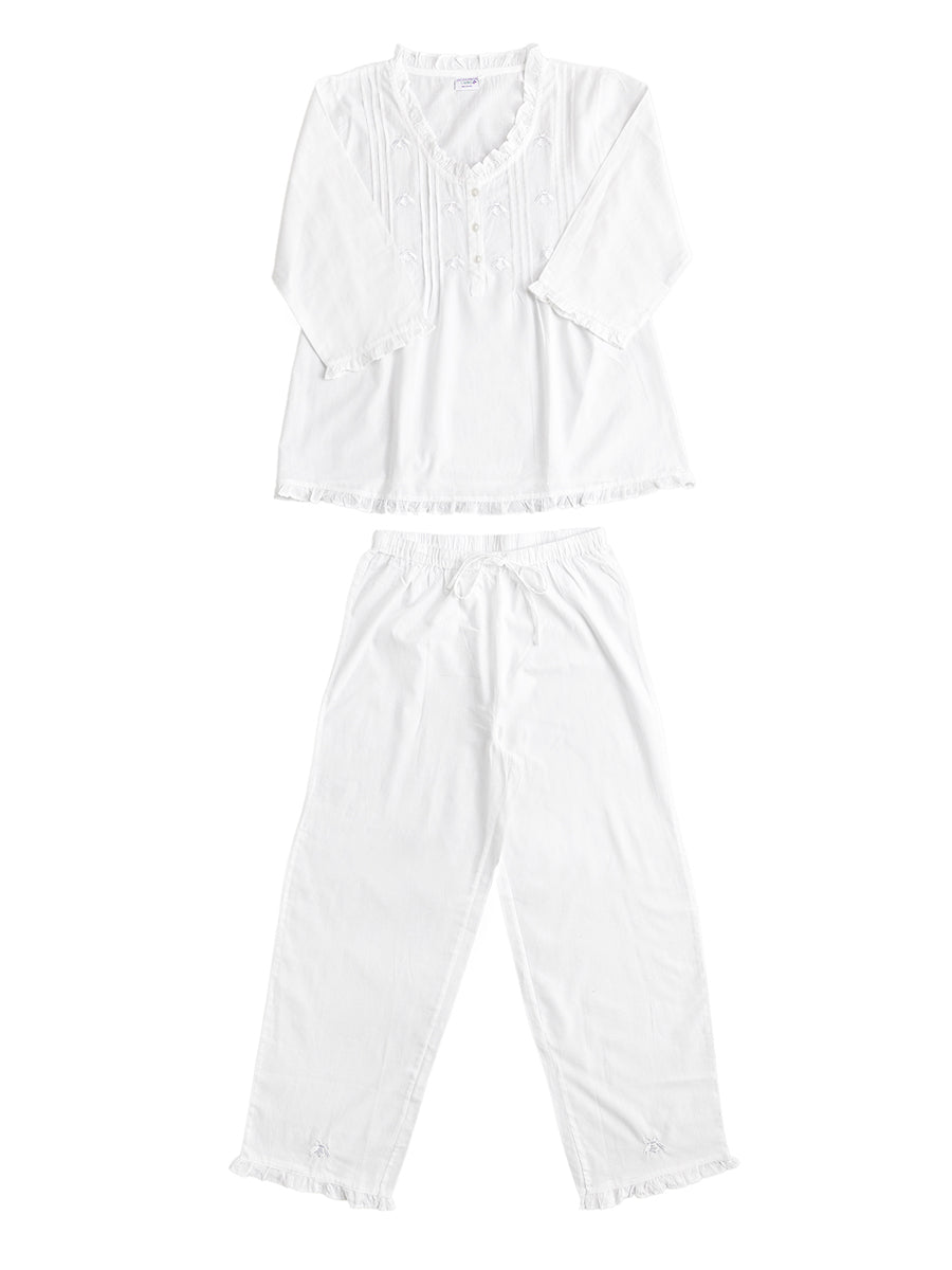Caroline White Cotton Pajamas, Embroidered