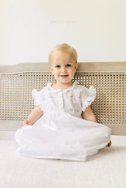 Rose White Cotton Dress, Embroidered