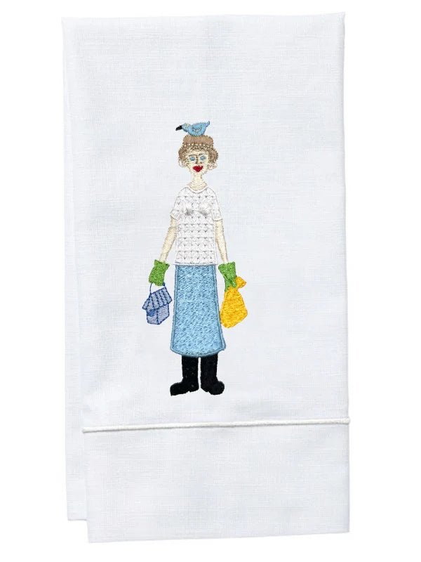 Guest Towel, White Linen, Satin Stitch, Embroidered