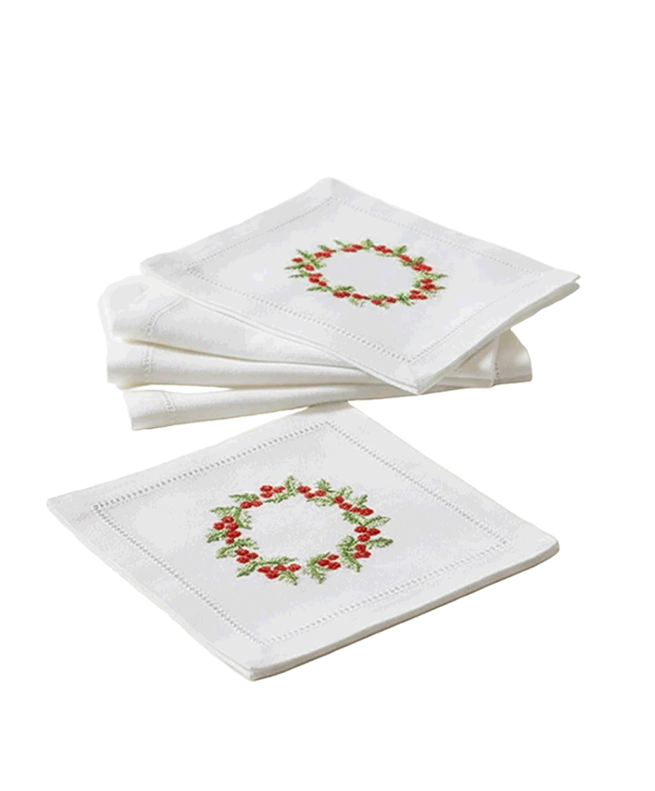 Cocktail Napkins, Christmas Berry Wreath, Set of 4